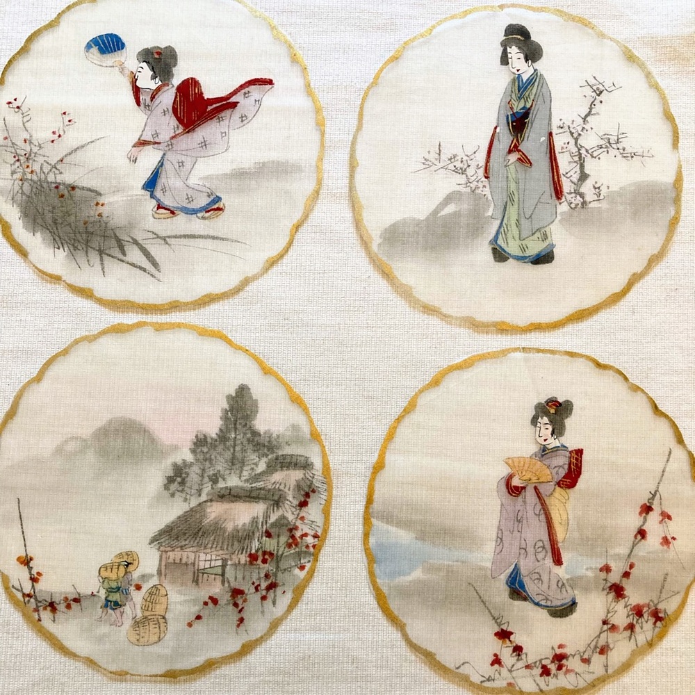 Vintage Set of Traditional Japanese Hand Painted Silks for fans 1 Large 9 Small - Picture 5 of 16